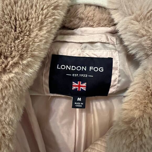 London Fog Women's Long Puffer Coat Faux Fur Hooded Champagne Tan Size Medium - Picture 8 of 8